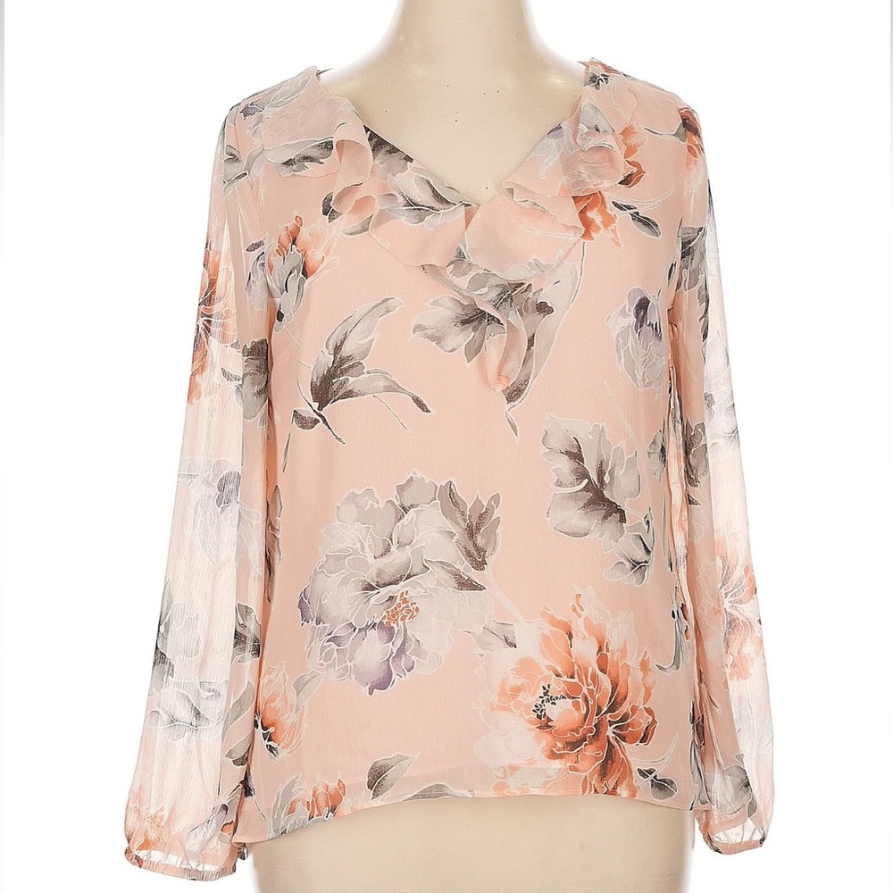 White House Black Market WHBM Blush Pink Peach Floral Chiffon Blouse Size 14